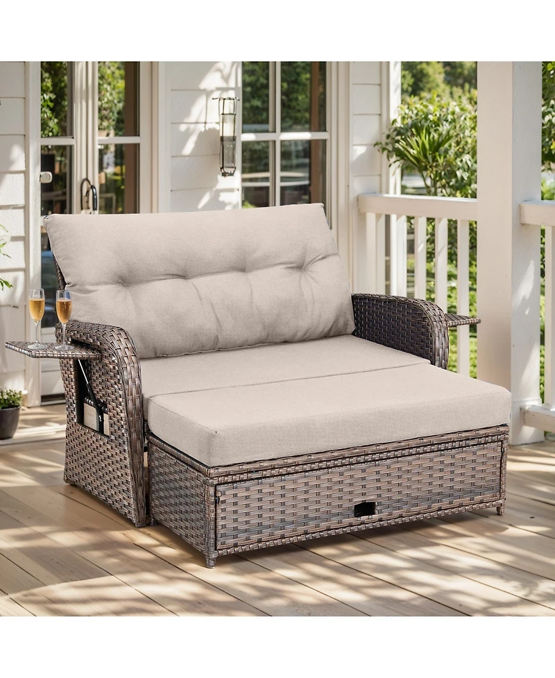 Gymojoy SleekArm 2-Person Wicker Outdoor Day Bed Set Patio Loveseat Sofa with Adjustable Backrest Cushions