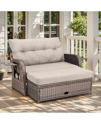Gymojoy SleekArm 2-Person Wicker Outdoor Day Bed Set Patio Loveseat Sofa with Adjustable Backrest Cushions