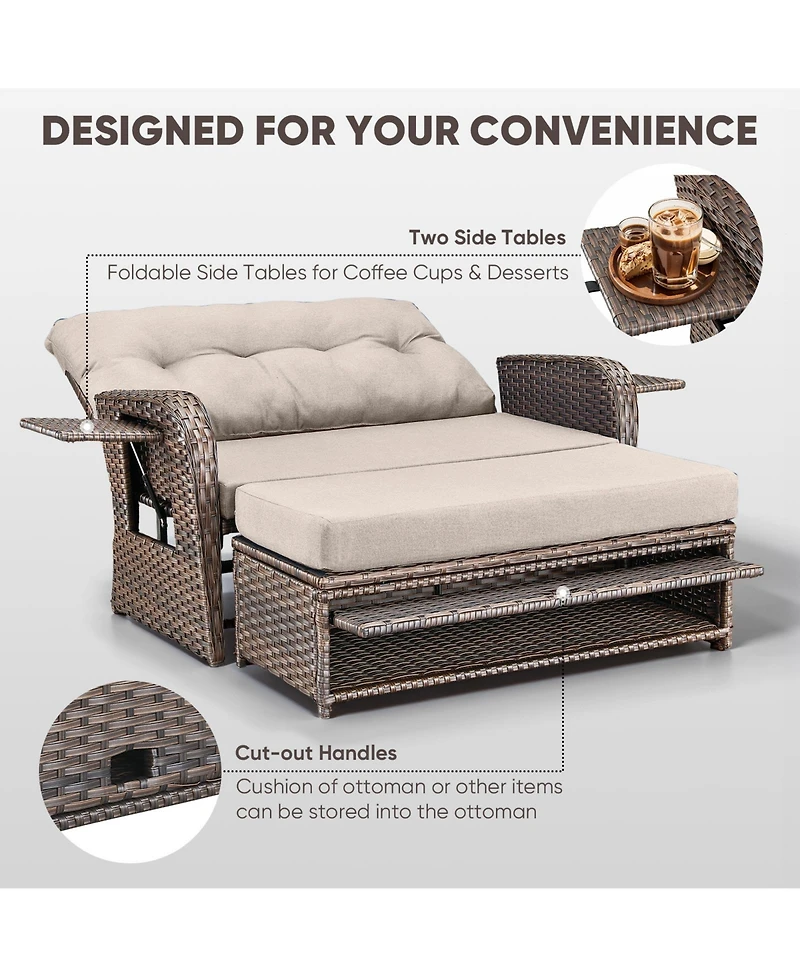 Gymojoy SleekArm 2-Person Wicker Outdoor Day Bed Set Patio Loveseat Sofa with Adjustable Backrest Cushions