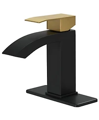 Greenspring Waterfall Single Hole Single-Handle Low-Arc Bathroom Sink Faucet With Pop-up Drain Assembly In Gold Black