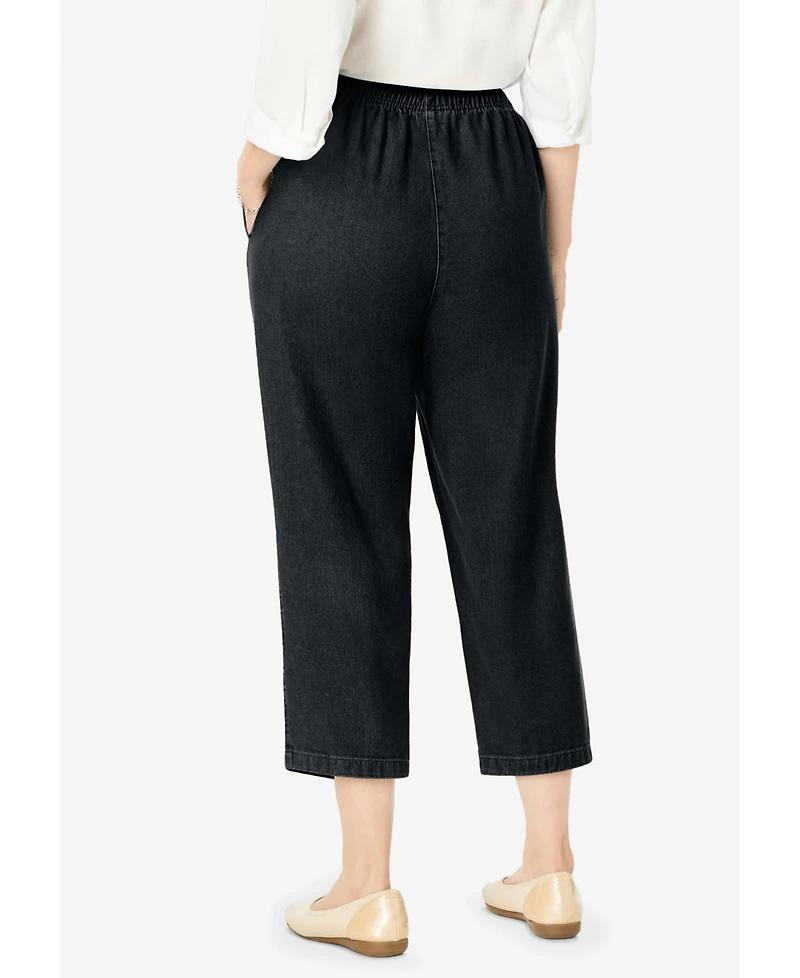 Woman Within Women's 7-Day Elastic-Waist Pull-On Cotton Denim Capri Jeans