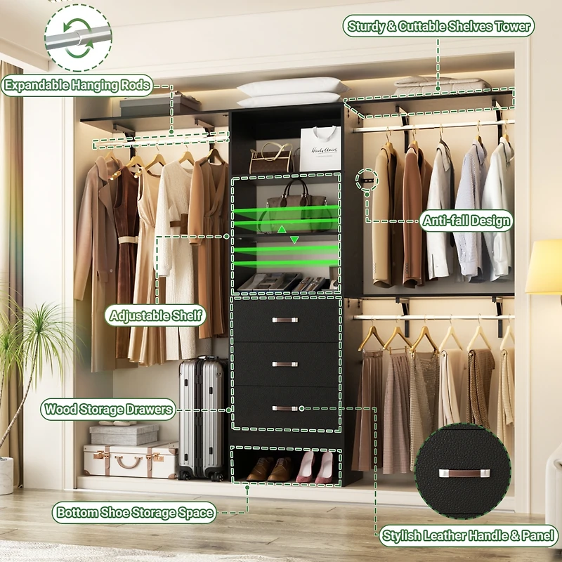 8FT Walk Closet Organizer with 3 Shelving Towers, Heavy Duty Clothes Rack Drawers