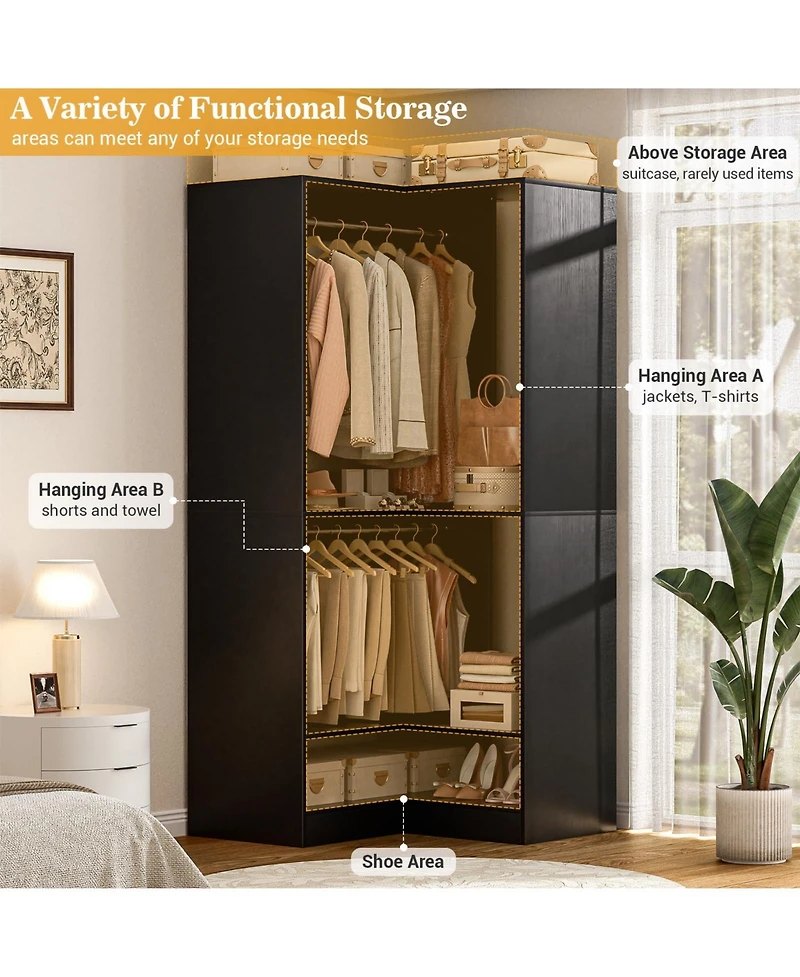 Corner Closet System with Upper & Lower Hanging Areas, Wardrobe Organizer Shoe Shelf