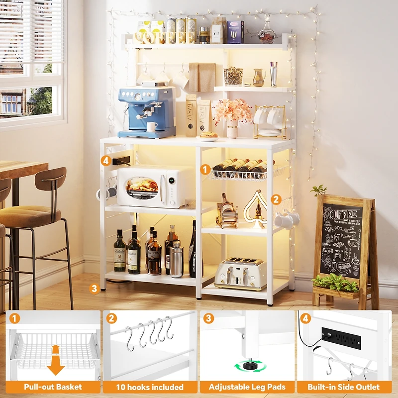 Aheaplus Kitchen Storage Shelf with Hooks, Coffee Bar Station with Power Outlets & Led Light, Bakers Rack with Pull-Out Basket