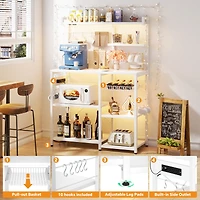 Aheaplus Kitchen Storage Shelf with Hooks, Coffee Bar Station with Power Outlets & Led Light, Bakers Rack with Pull-Out Basket