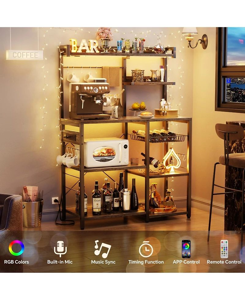 Kitchen Storage Shelf with Hooks, Coffee Bar Station with Power Outlets & Led Light, Bakers Rack with Pull-Out Basket