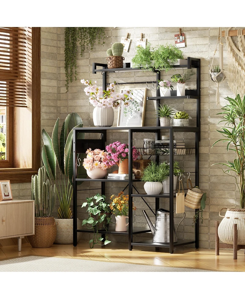 Kitchen Storage Shelf with Hooks, Coffee Bar Station Power Outlets & Led Light, Bakers Rack Pull-Out Basket