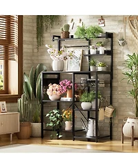 Kitchen Storage Shelf with Hooks, Coffee Bar Station Power Outlets & Led Light, Bakers Rack Pull-Out Basket