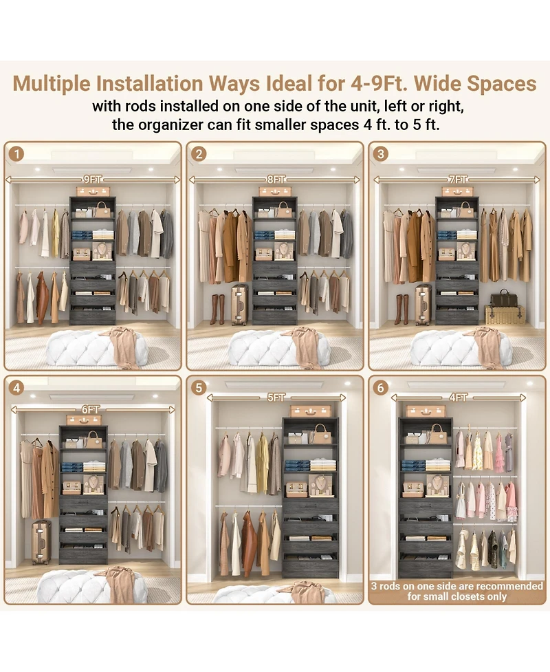 Aheaplus 8FT Wall Mounted Closet System with 4 Drawers and Hanging Rods, Garment Rack Shelves