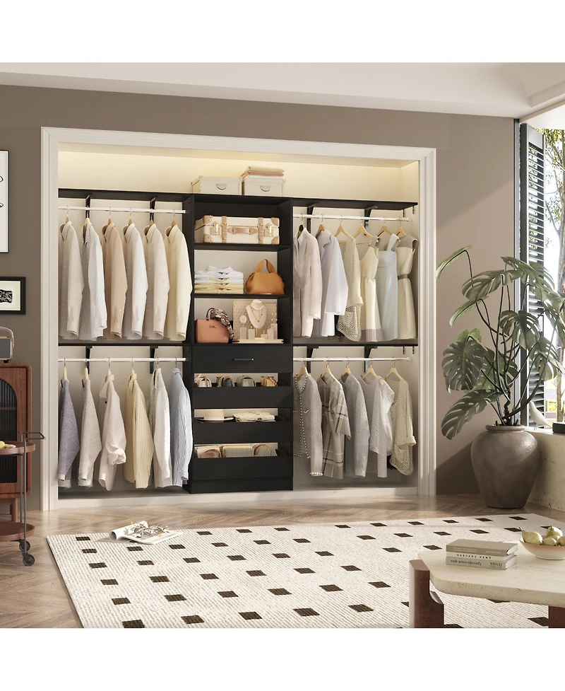 Aheaplus 96 inches Closet Organizer System with 4 Reversible Shelves and Wood Drawers, Wardrobe Clothes Rack Hanging Rods
