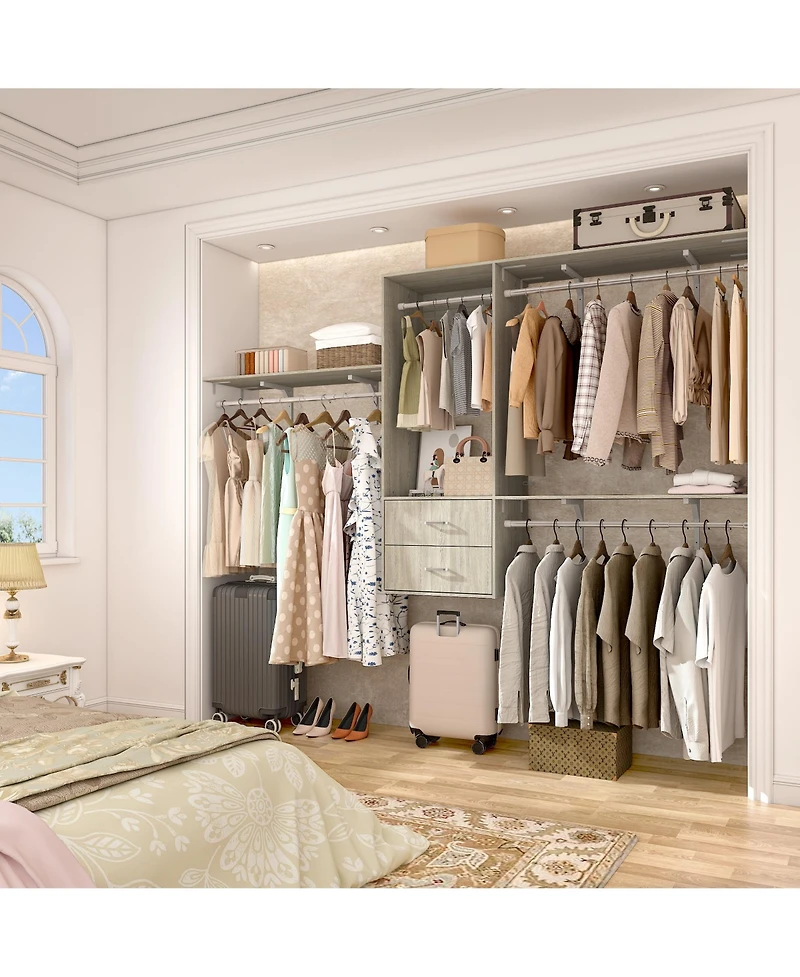 96 Inch Wall Mounted Closet Organizer System with 3 Shelves and Rods, Rack 2 Drawers