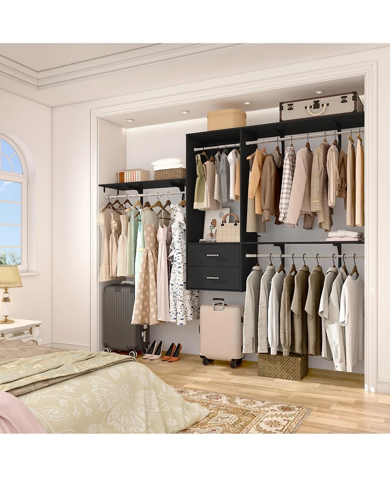 96 Inch Wall Mounted Closet Organizer System with 3 Shelves and Rods, Rack 2 Drawers