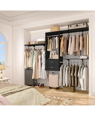 96 Inch Wall Mounted Closet Organizer System with 3 Shelves and Rods, Rack 2 Drawers