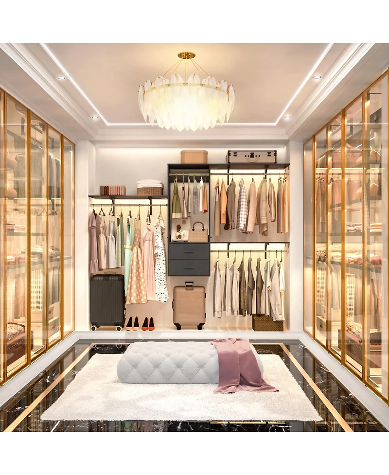 96 Inch Wall Mounted Closet Organizer System with 3 Shelves and Rods, Rack 2 Drawers