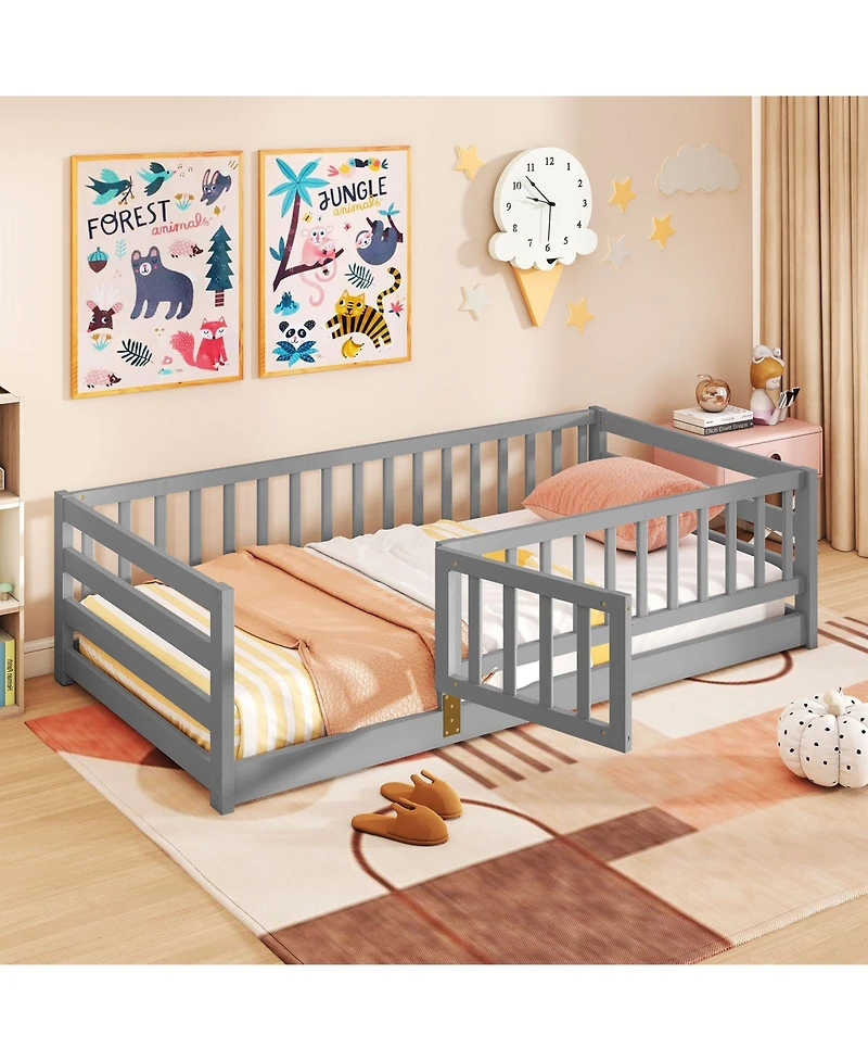 Gymax Twin Floor Bed w/High Fence & Door Safety Guardrails Wood Frame