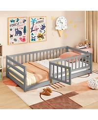 Gymax Twin Floor Bed w/High Fence & Door Safety Guardrails Wood Frame