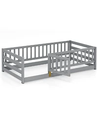 Gymax Twin Floor Bed w/High Fence & Door Safety Guardrails Wood Frame