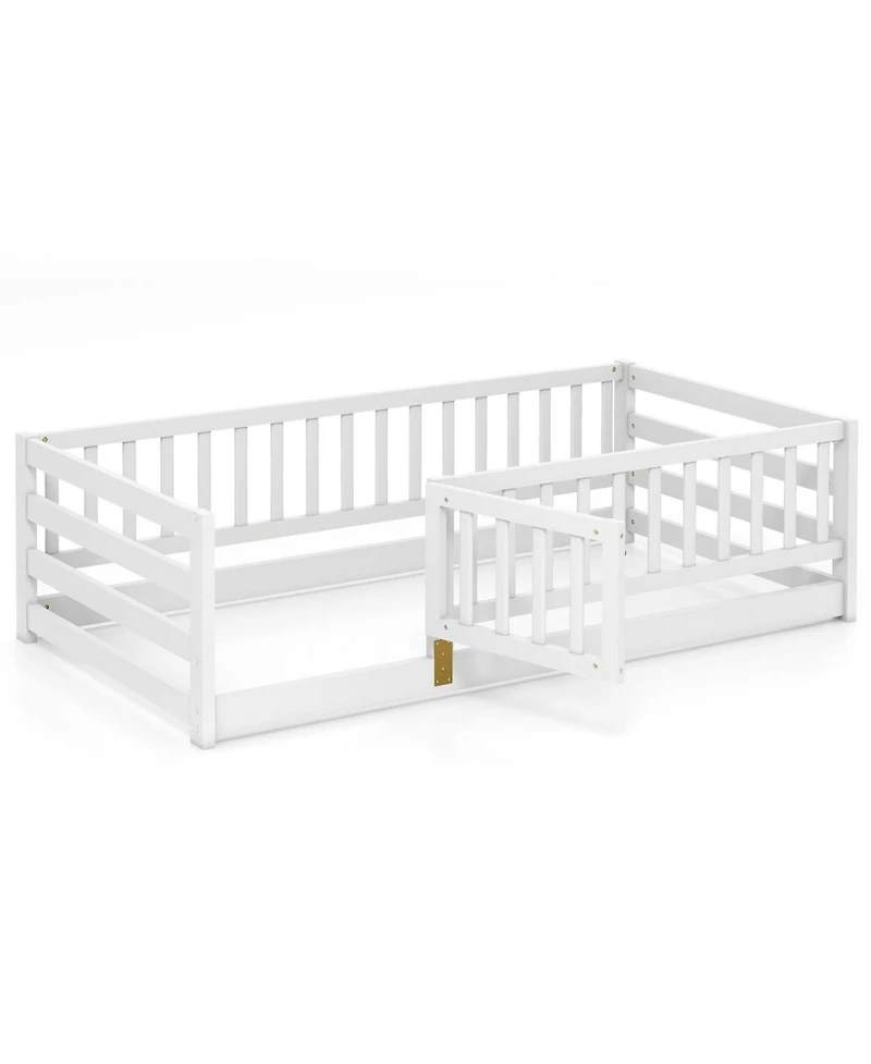 Gymax Twin Floor Bed w/High Fence & Door Safety Guardrails Wood Frame
