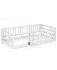 Gymax Twin Floor Bed w/High Fence & Door Safety Guardrails Wood Frame