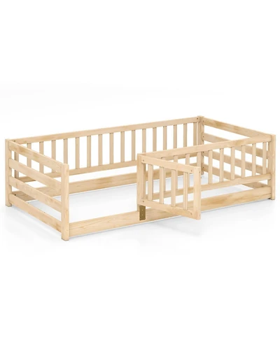 Gymax Twin Floor Bed w/High Fence & Door Safety Guardrails Wood Frame