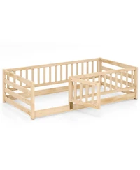 Gymax Twin Floor Bed w/High Fence & Door Safety Guardrails Wood Frame