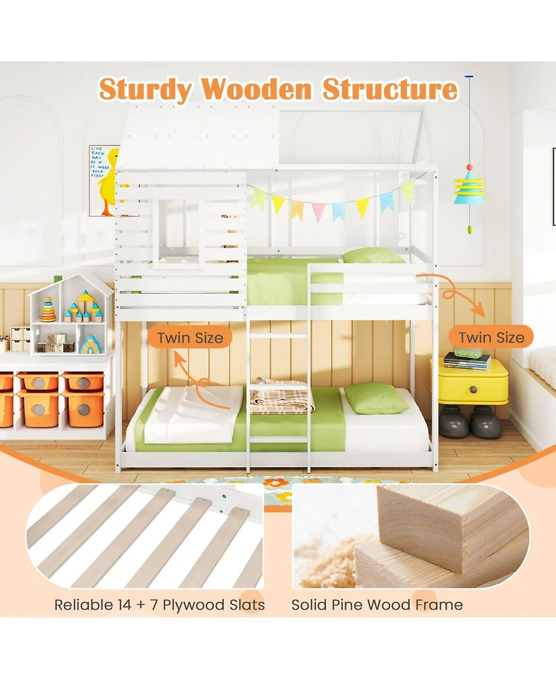 Gymax Twin over Twin House Bunk Bed Low-to-ground Bed Frame w/ Roof Solid Wood Bed