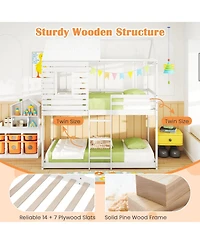 Gymax Twin over Twin House Bunk Bed Low-to-ground Bed Frame w/ Roof Solid Wood Bed