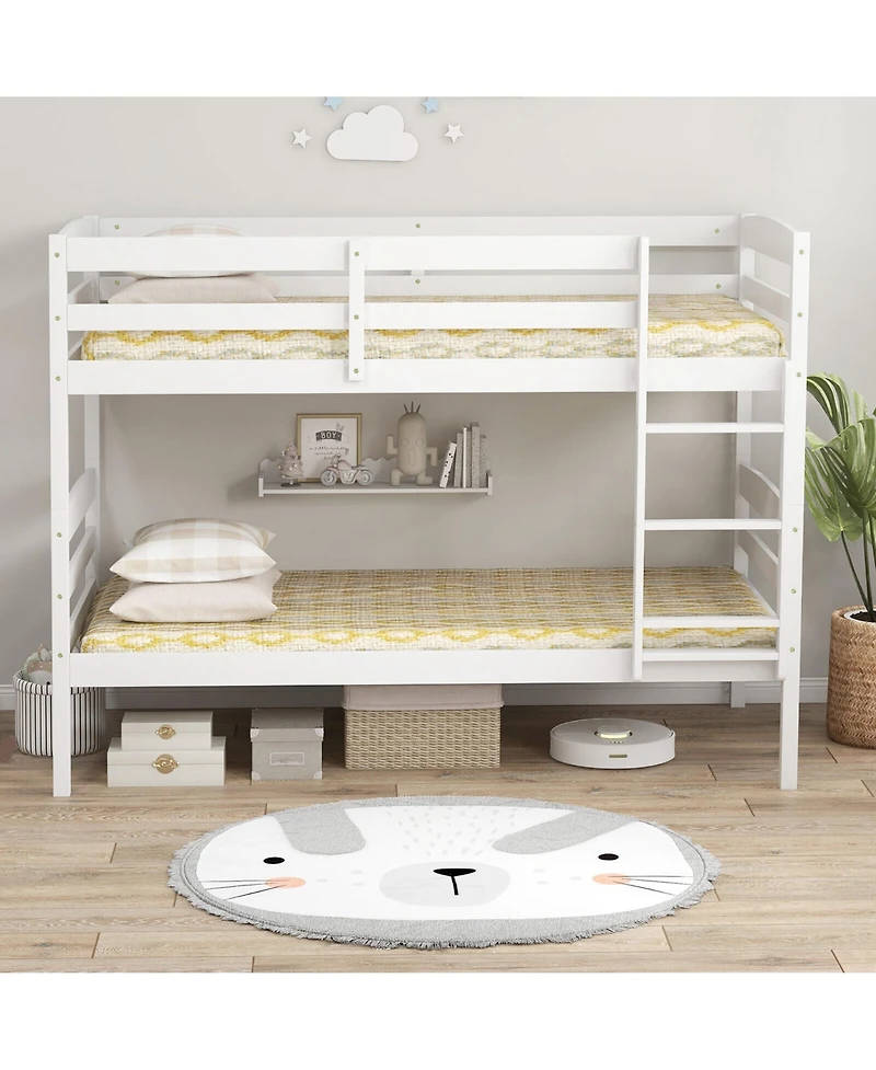 Gymax Twin Over Bunk Bed Wooden Convertible Into 2 Beds High Guardrails