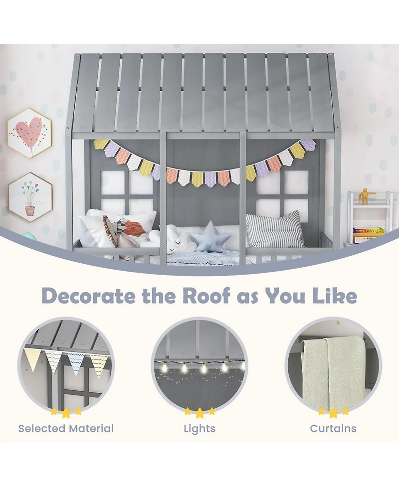 Gymax Twin Size House Bed with Trundle Fence Decor Wooden Windows Tall Roof