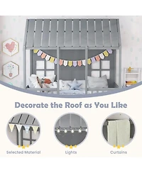 Gymax Twin Size House Bed with Trundle Fence Decor Wooden Windows Tall Roof