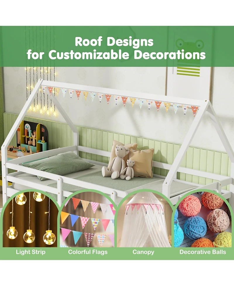 Gymax Twin House Bed w/ Trundle Wooden Kids Safety Rails & Decorable Roof