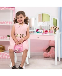 Gymax Kids Vanity Princess Make Up Dressing Table W/ Tri-folding Mirror & Chair
