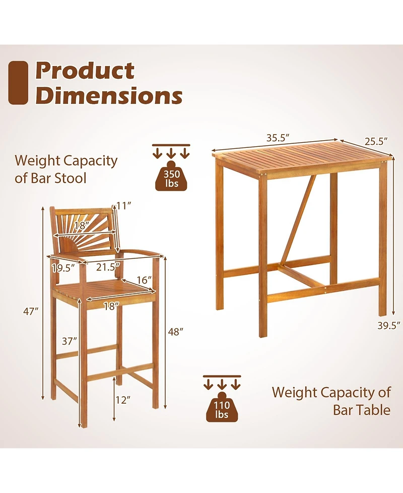 Gymax 3 Pcs Outdoor Acacia Wood Bar Set w/ Slatted Seat & Tabletop