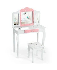 Gymax Kids Vanity Princess Makeup Dressing Table Chair Set W/ Tri-folding Mirror