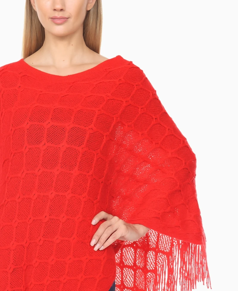 White Mark Women's Open Knit Fringe Poncho Sweater