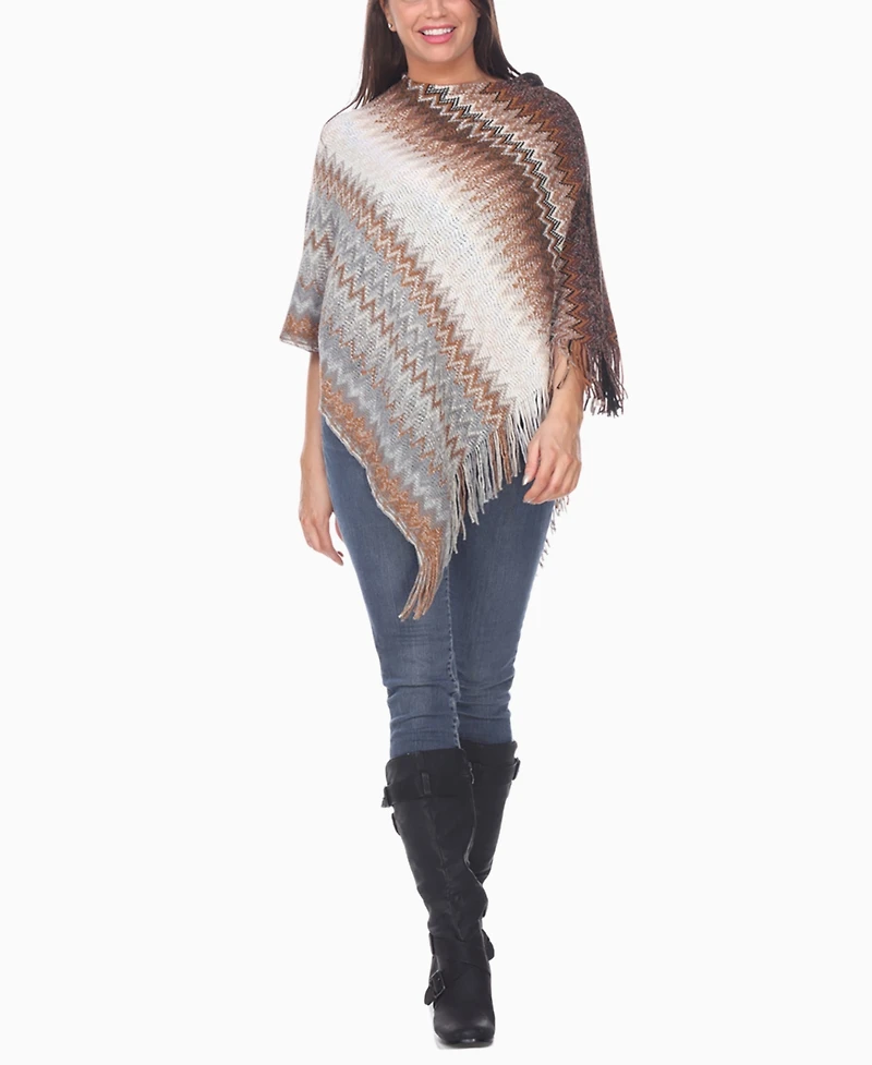 White Mark Women's Chevron Knit Fringed Hem Poncho Sweater