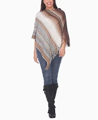 White Mark Women's Chevron Knit Fringed Hem Poncho Sweater