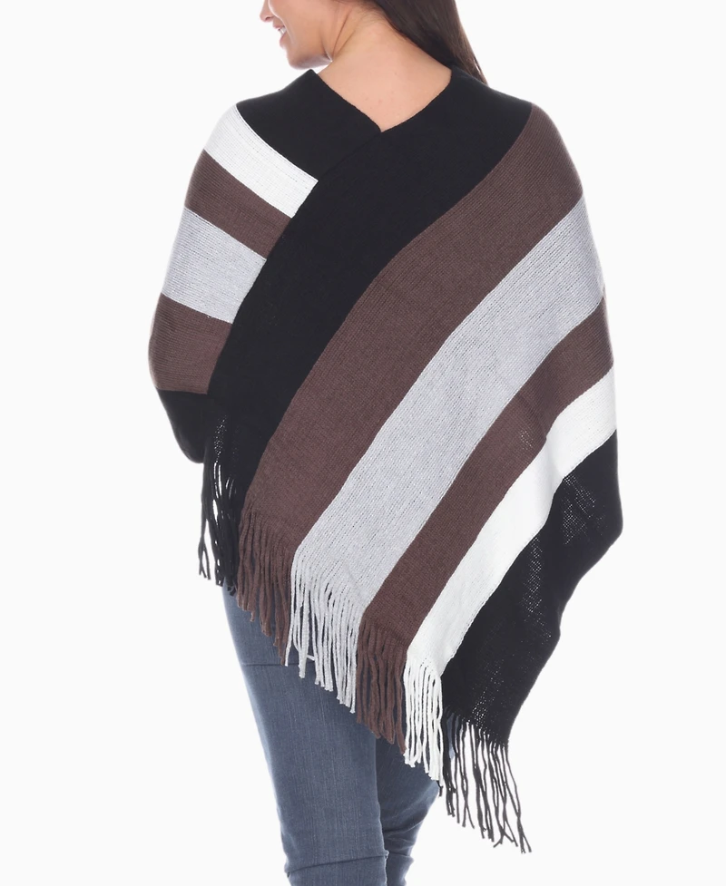 White Mark Women's Striped Knit Fringe Poncho Sweater