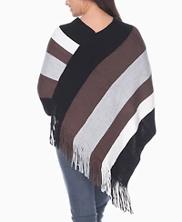 White Mark Women's Striped Knit Fringe Poncho Sweater