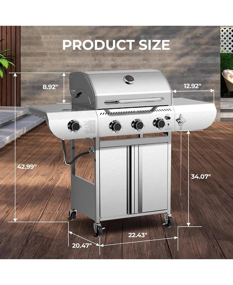 Cowsar 3-Burner Propane Gas Grill with Side Burner 34,000 Btu Stainless Steel Outdoor Bbq Grill, Cast Iron Grates, Portable for Patio, Camping