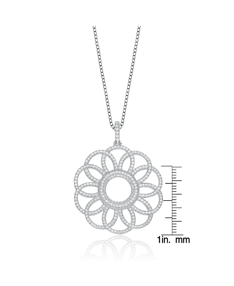 Sterling Silver White Gold Plated with Clear Cubic Zirconia Flower Pendant