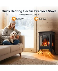 Cowsar Electric Fireplace Stove, Freestanding Electric Fireplace Heater with Adjustable Flame Brightness, Overheating Protection, 1000W/1500W, for Liv