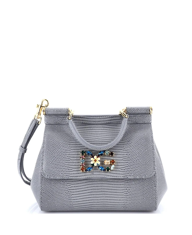 Pre-Owned Dolce & Gabbana Small Miss Sicily Bag Embossed Leather with Crystal Detail