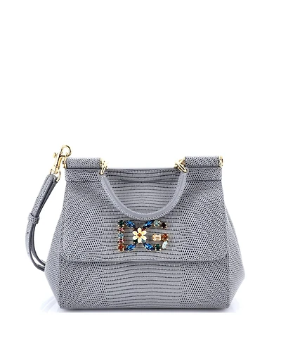 Pre-Owned Dolce & Gabbana Small Miss Sicily Bag Embossed Leather with Crystal Detail