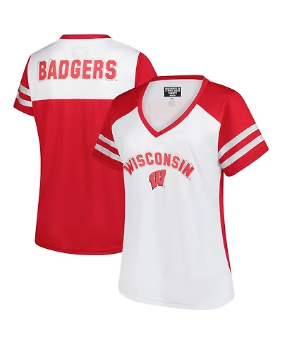 Fanatics Women's White Wisconsin Badgers Plus Rhinestone Glitter Sleeve Stripe V-Neck T-Shirt