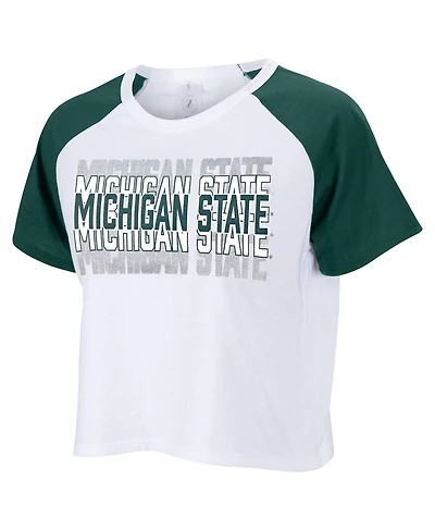 ZooZatz Women's White Michigan State Spartans Color block Repeat Raglan Cropped T-Shirt