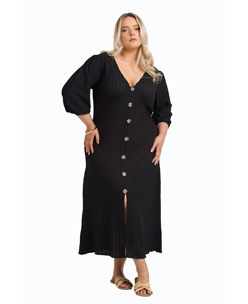 Fashion-szn Curve Balloon Sleeve Button Front Midi Dress