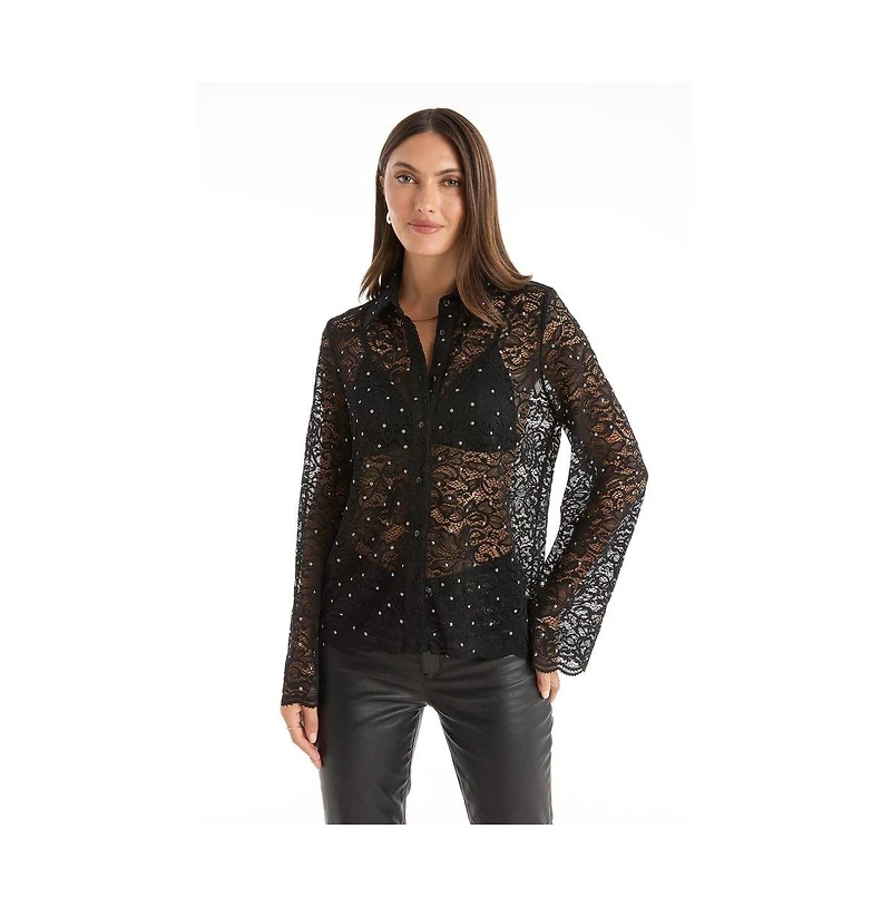 The Noli Shop Womens Jena Lace Button Up Shirt - Black