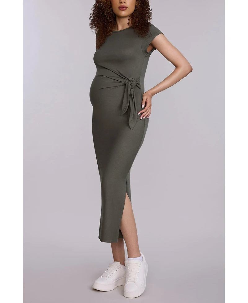 Motherhood Maternity Crew Neck Short Sleeve Side Tie Midi Dress