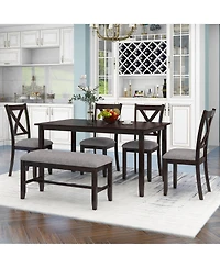 Casainc 6 Piece Wooden Dining Table Set with 4 Fabric Chairs and Bench for Kitchen or